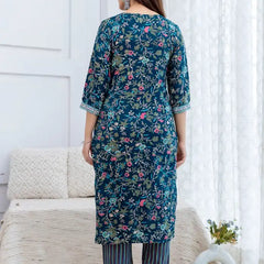 Teal Rayon Floral Print Kurta Set