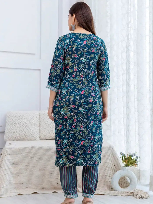 Teal Rayon Floral Print Kurta Set