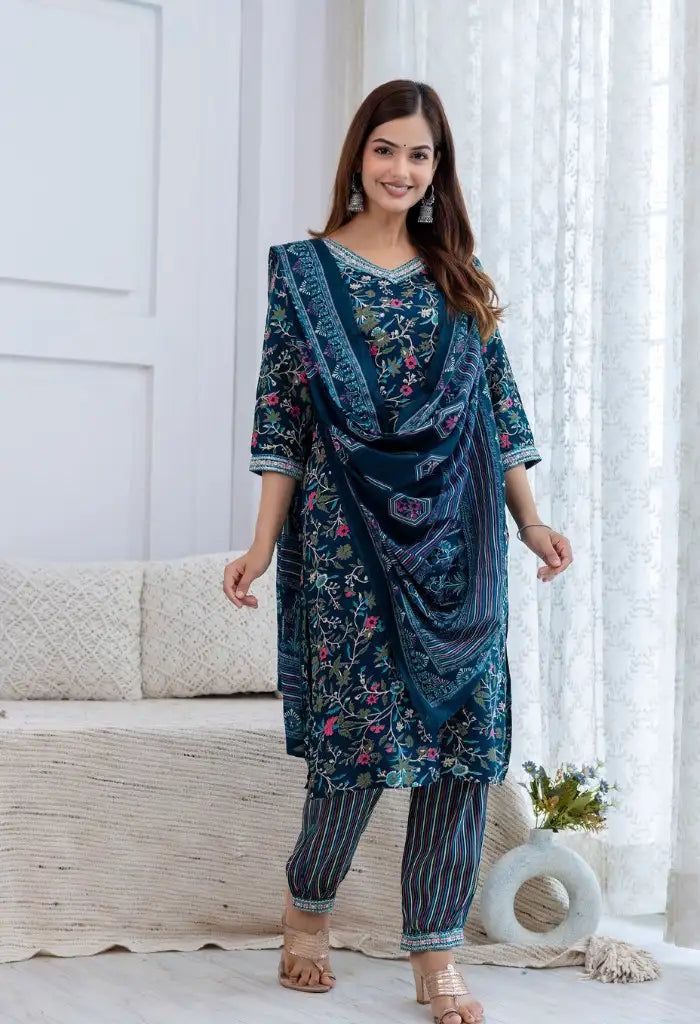 Teal Rayon Floral Print Kurta Set