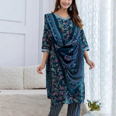 Teal Rayon Floral Print Kurta Set