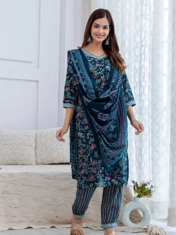 Teal Rayon Floral Print Kurta Set