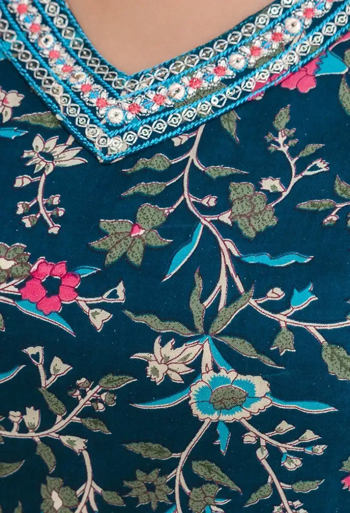 Bairaj Women's Teal Rayon Embroidered Floral Print Straight Kurta Set Neck View