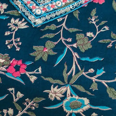 Bairaj Women's Teal Rayon Embroidered Floral Print Straight Kurta Set Neck View