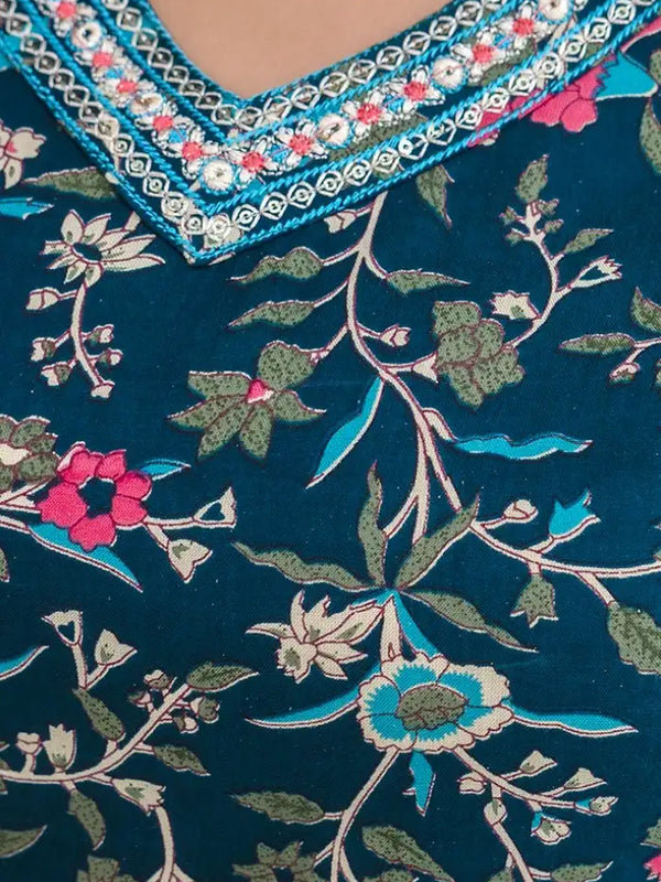 Bairaj Women's Teal Rayon Embroidered Floral Print Straight Kurta Set Neck View