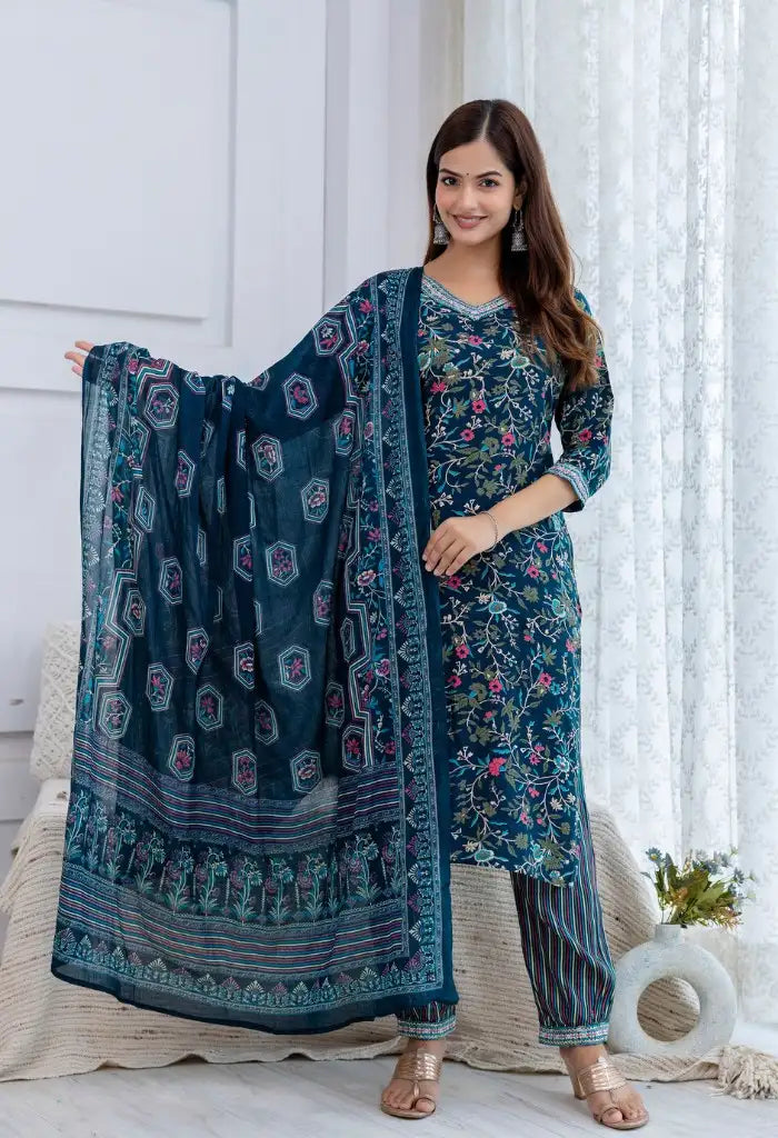 Bairaj Women's Teal Rayon Floral Print Straight Kurta Set With Dupatta