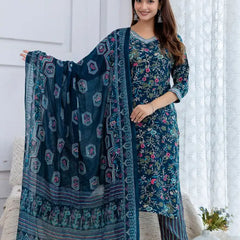 Bairaj Women's Teal Rayon Floral Print Straight Kurta Set With Dupatta