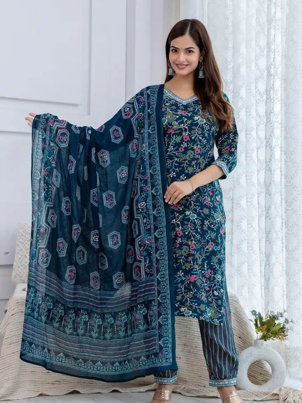 Bairaj Women's Teal Rayon Floral Print Straight Kurta Set With Dupatta