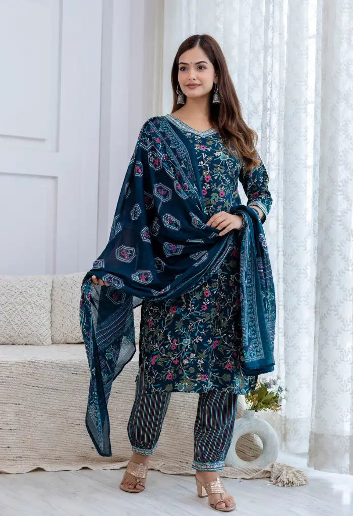 Bairaj Women's Teal Rayon Floral Print Straight Kurta Set With Dupatta Front