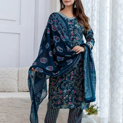 Bairaj Women's Teal Rayon Floral Print Straight Kurta Set With Dupatta Front