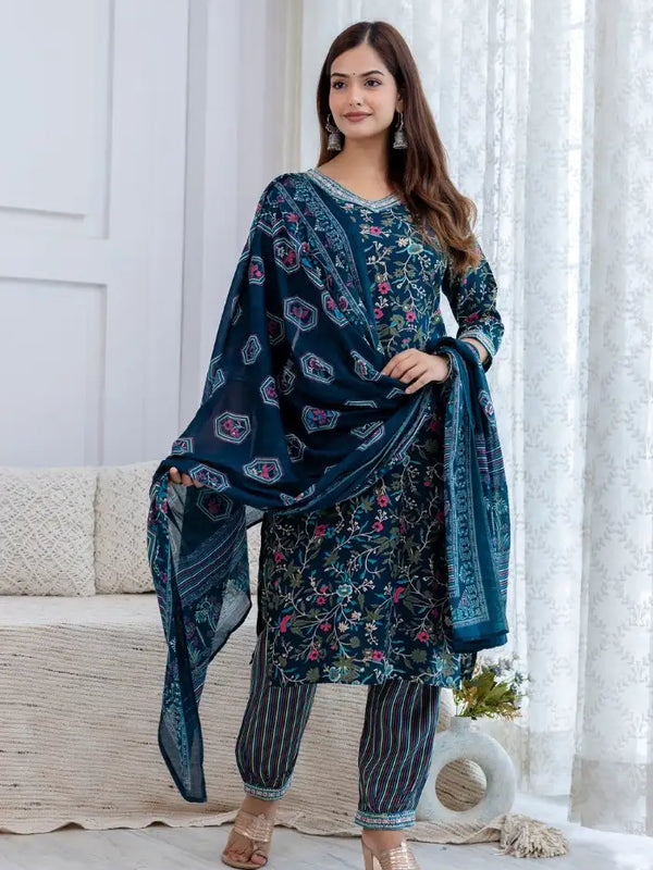 Bairaj Women's Teal Rayon Floral Print Straight Kurta Set With Dupatta Front
