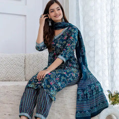 Bairaj Women's Teal Rayon Floral Print Straight Kurta Set With Dupatta Casual View