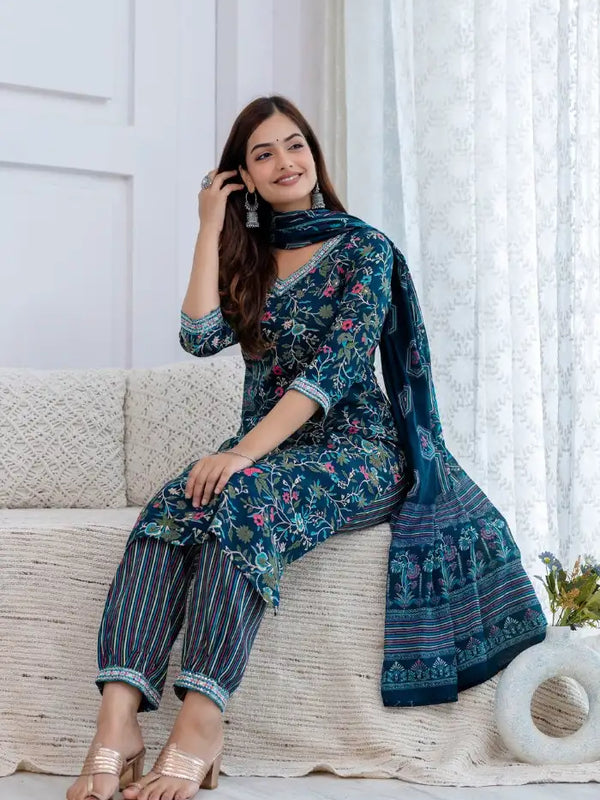 Bairaj Women's Teal Rayon Floral Print Straight Kurta Set With Dupatta Casual View