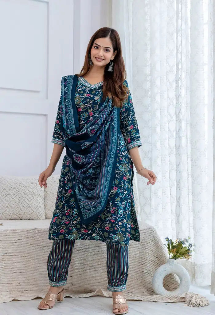 Bairaj Women's Teal Rayon Floral Print Straight Kurta Set With Dupatta Front