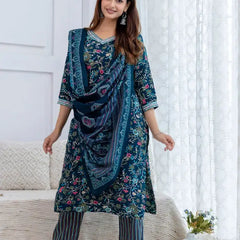 Bairaj Women's Teal Rayon Floral Print Straight Kurta Set With Dupatta Front