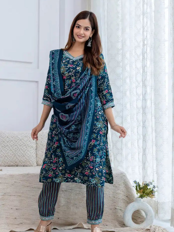 Bairaj Women's Teal Rayon Floral Print Straight Kurta Set With Dupatta Front