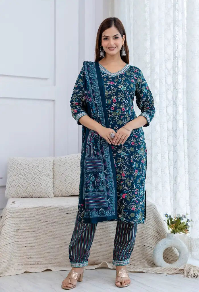 Bairaj Women Teal Rayon Floral Print Straight Kurta Set With Dupatta