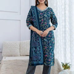 Bairaj Women Teal Rayon Floral Print Straight Kurta Set With Dupatta