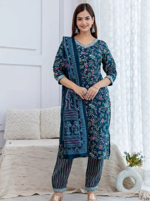 Bairaj Women Teal Rayon Floral Print Straight Kurta Set With Dupatta