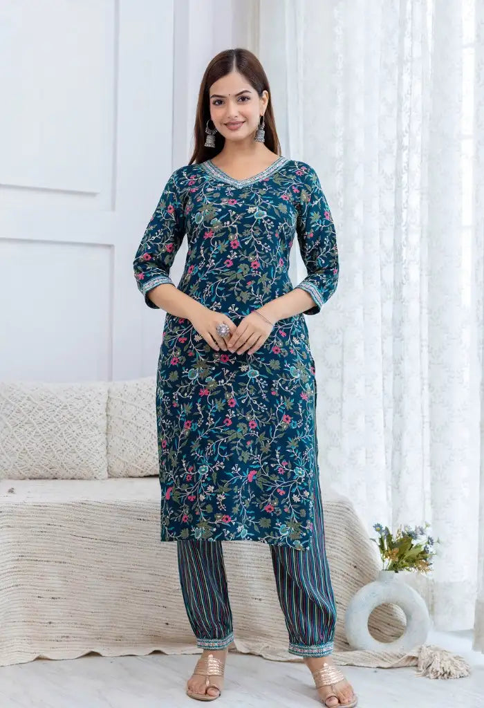 Teal Rayon Floral Print Kurta Set