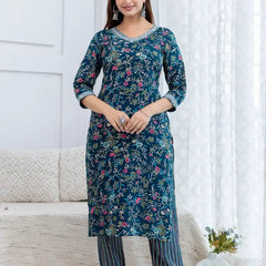 Teal Rayon Floral Print Kurta Set
