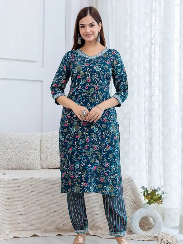 Teal Rayon Floral Print Kurta Set
