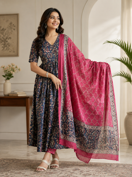 Elegant Navy Blue Floral Anarkali Kurta Set with Pink Dupatta