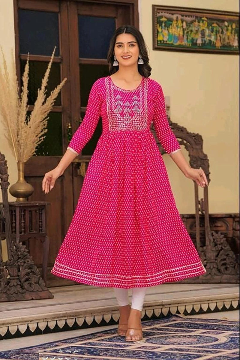 Embroidered and Printed Pink Women Anarkali Kurta in Viscose Rayon