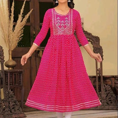 Embroidered and Printed Pink Women Anarkali Kurta in Viscose Rayon