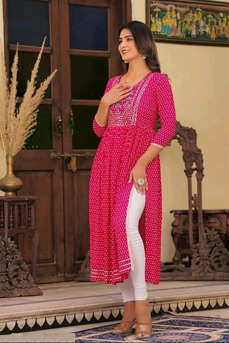 Embroidered and Printed Pink Women Anarkali Kurta in Viscose Rayon