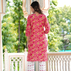 Embroidered and Printed Pink Women Kurta Pyjama Dupatta Set in Viscose Rayon