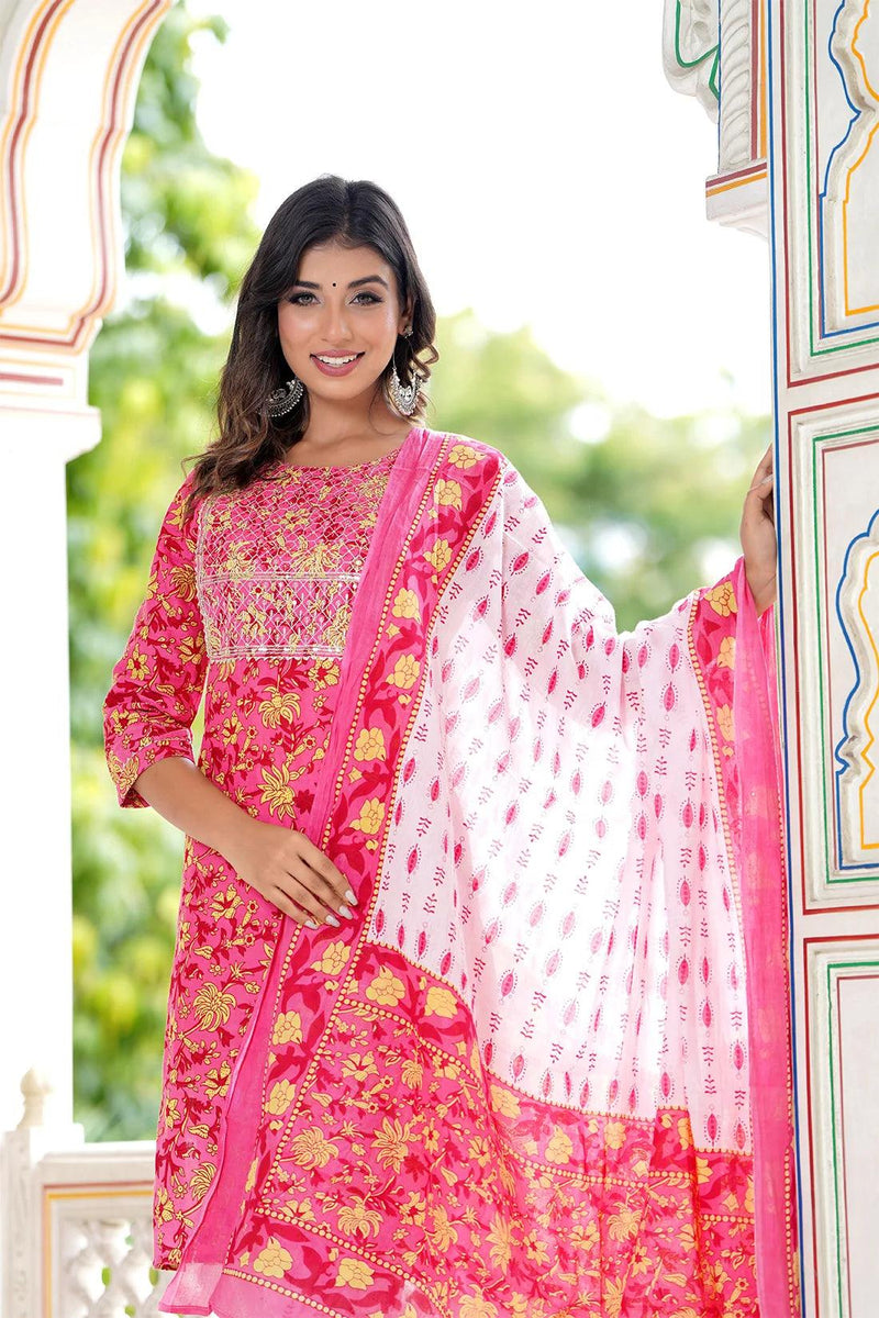 Embroidered and Printed Pink Women Kurta Pyjama Dupatta Set in Viscose Rayon