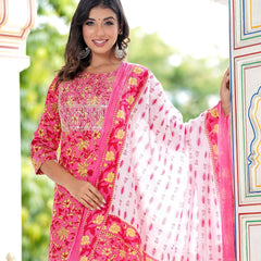 Embroidered and Printed Pink Women Kurta Pyjama Dupatta Set in Viscose Rayon