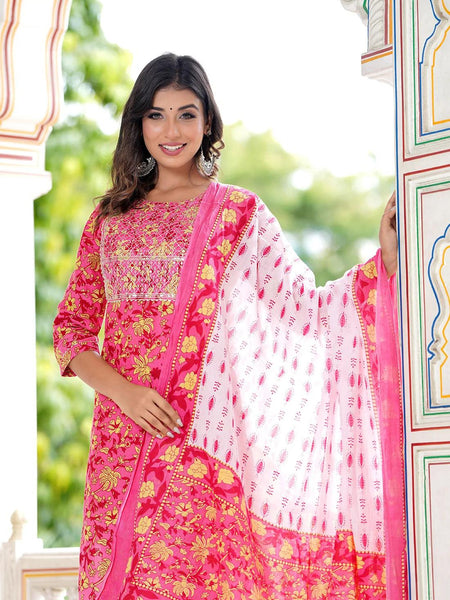 Embroidered and Printed Pink Women Kurta Pyjama Dupatta Set in Viscose Rayon
