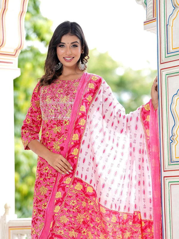 Embroidered and Printed Pink Women Kurta Pyjama Dupatta Set in Viscose Rayon