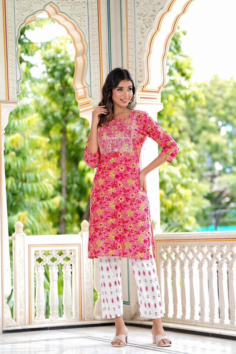 Embroidered and Printed Pink Women Kurta Pyjama Dupatta Set in Viscose Rayon