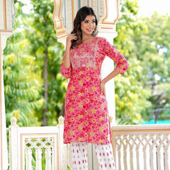 Embroidered and Printed Pink Women Kurta Pyjama Dupatta Set in Viscose Rayon
