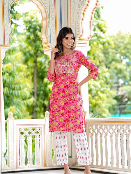 Embroidered and Printed Pink Women Kurta Pyjama Dupatta Set in Viscose Rayon