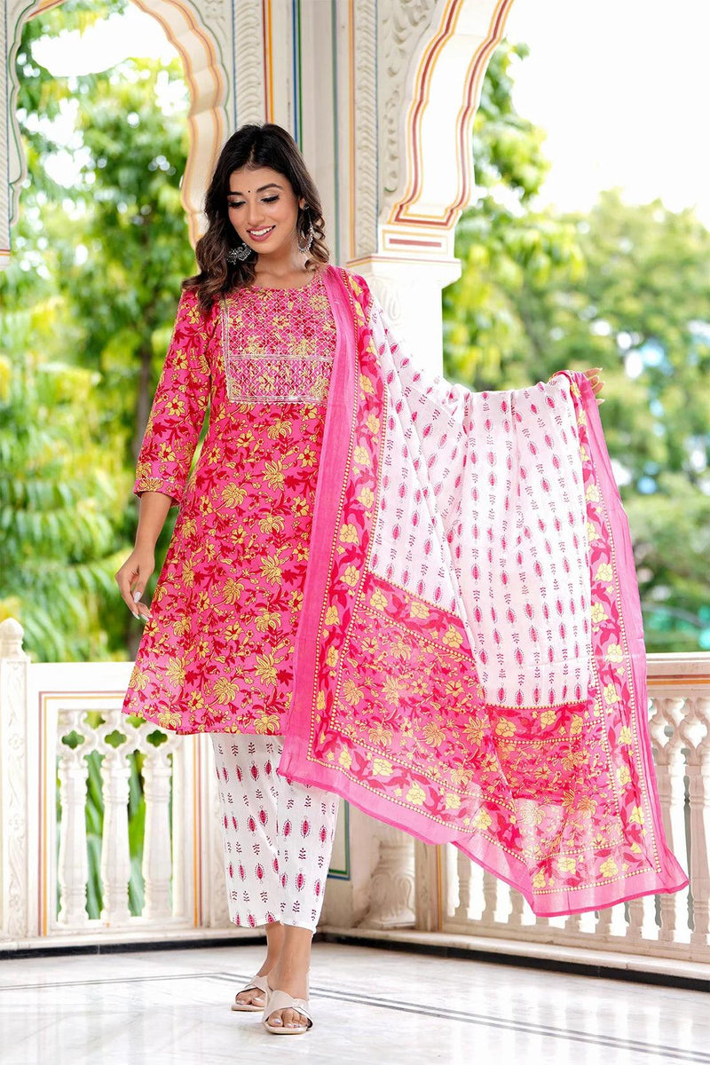 Embroidered and Printed Pink Women Kurta Pyjama Dupatta Set in Viscose Rayon