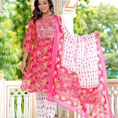 Embroidered and Printed Pink Women Kurta Pyjama Dupatta Set in Viscose Rayon