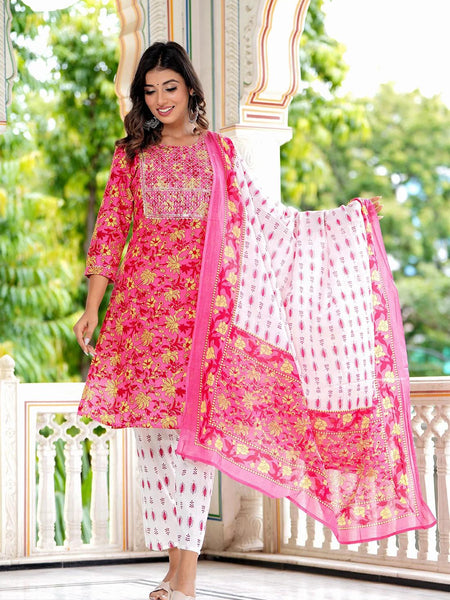 Embroidered and Printed Pink Women Kurta Pyjama Dupatta Set in Viscose Rayon