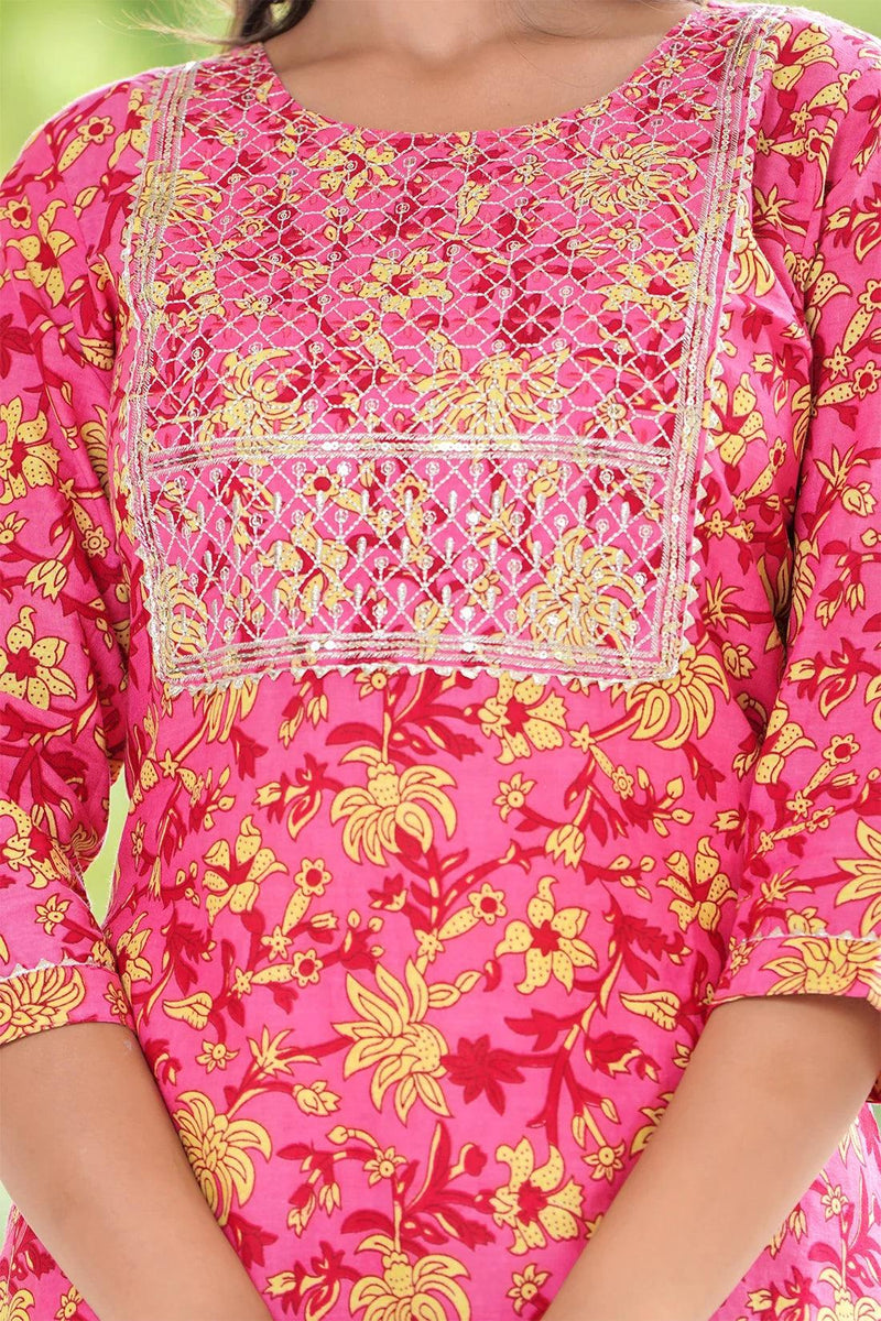 Embroidered and Printed Pink Women Kurta Pyjama Dupatta Set in Viscose Rayon