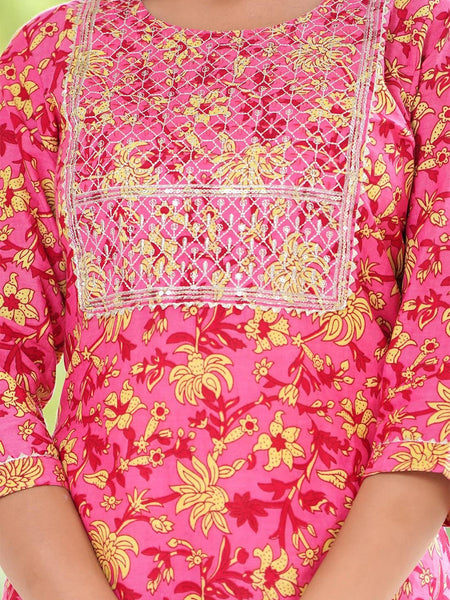 Embroidered and Printed Pink Women Kurta Pyjama Dupatta Set in Viscose Rayon