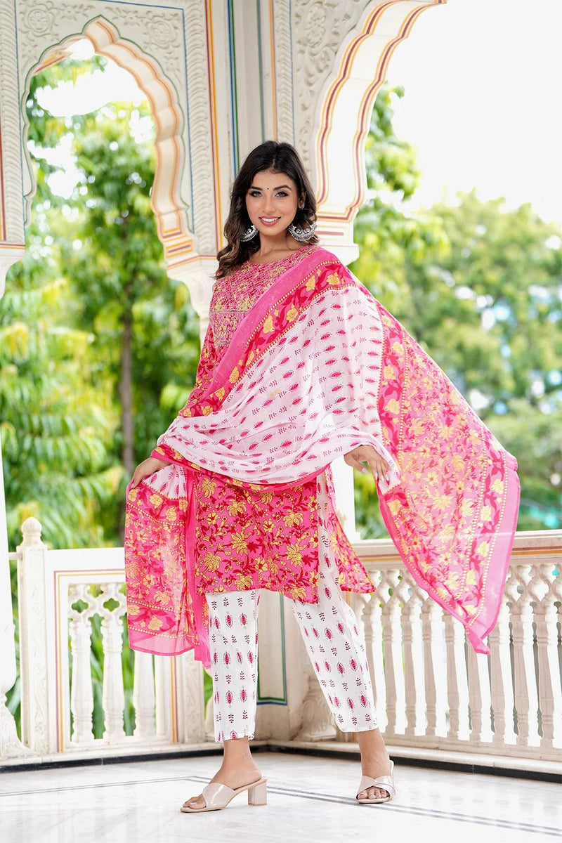 Embroidered and Printed Pink Women Kurta Pyjama Dupatta Set in Viscose Rayon
