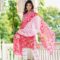 Embroidered and Printed Pink Women Kurta Pyjama Dupatta Set in Viscose Rayon