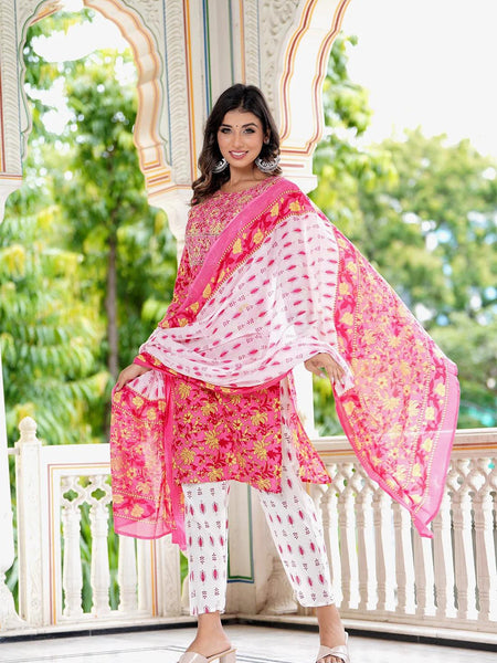 Embroidered and Printed Pink Women Kurta Pyjama Dupatta Set in Viscose Rayon