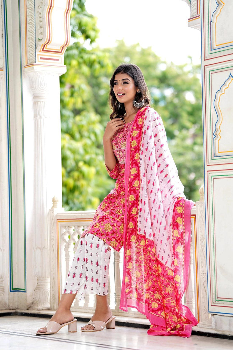 Embroidered and Printed Pink Women Kurta Pyjama Dupatta Set in Viscose Rayon