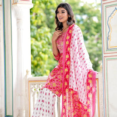 Embroidered and Printed Pink Women Kurta Pyjama Dupatta Set in Viscose Rayon