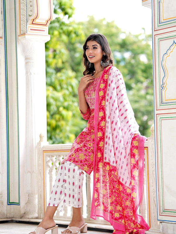 Embroidered and Printed Pink Women Kurta Pyjama Dupatta Set in Viscose Rayon