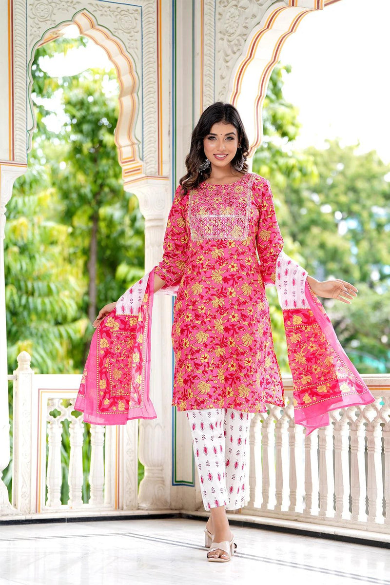 Embroidered and Printed Pink Women Kurta Pyjama Dupatta Set in Viscose Rayon