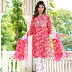 Embroidered and Printed Pink Women Kurta Pyjama Dupatta Set in Viscose Rayon